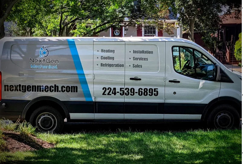 Screenshot from company website - A NextGen Mechanical service truck parked on a shaded residential street.